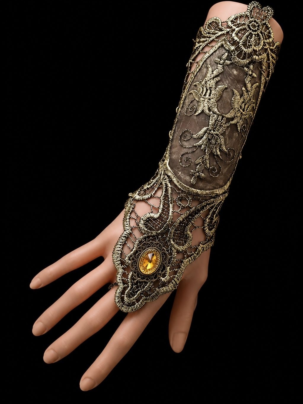 Gold Beaded Lace Fingerless Glove with Amber Accent.- Only For One Hand - Picture 2 of 5